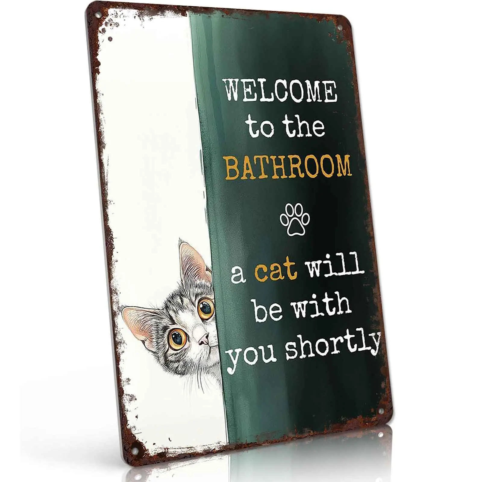 8x12 in Vintage Bathroom Cat Peeking Aluminium Tin Sign, Lightweight Decorative Wall Art - Mount/Hanging Home Bathroom Toilet Plaque, Funny Gift for Cat Lovers