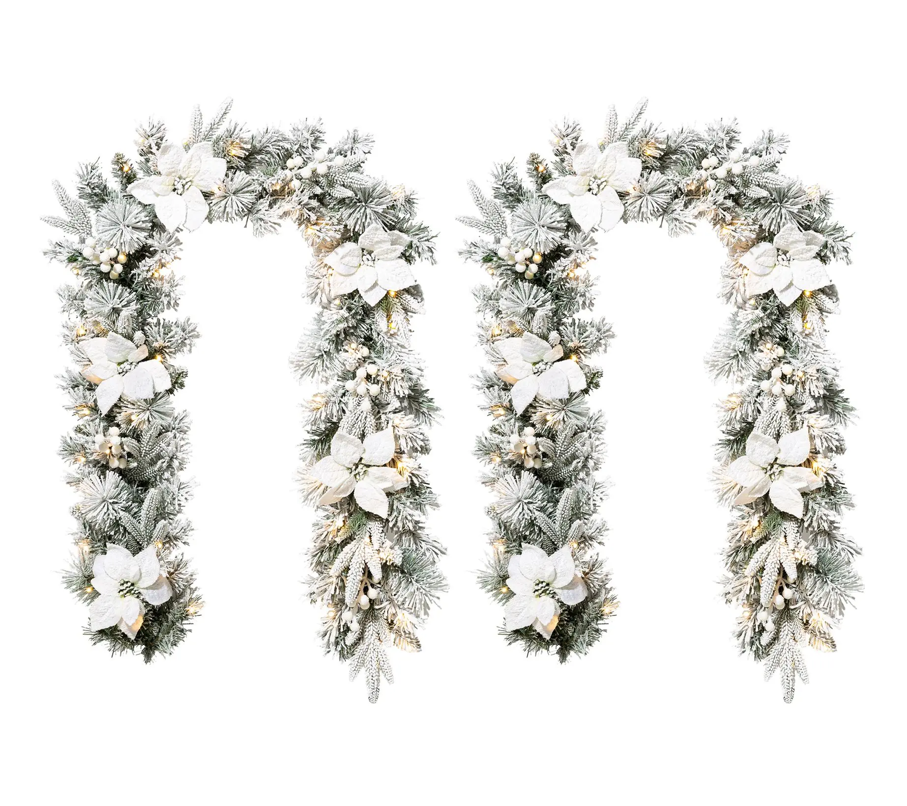 Glitzhome 6' Pre-Lit Snowy Poinsettia ChristmasGarlands S/2