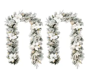 Glitzhome 6' Pre-Lit Snowy Poinsettia ChristmasGarlands S/2
