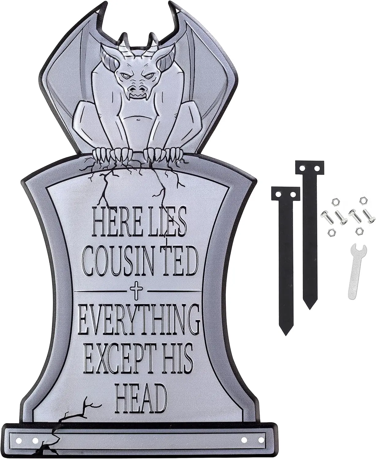 SCS Direct 3D Metal Halloween Ghost Tombstone- Cousin Ted- (Large 17" w Steaks) - Durable, Weather Rust Proof, UV Printed- Upgrade Lawn Decor- No Flimsy Foam Graveyard Headstones