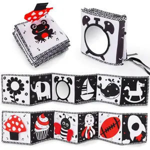Black and White High Contrast Toys for Baby 0-6 Months Infant Tummy Time Soft Book Sensory Musical Toy for Brain Development Crinkle Book with Mirror Newborn Easter Basket Stuffer