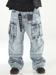 Light Blue Baggy Skater Buckled Jeans with Cargo Pockets Distressed Design for Men Casual Menswear Denim Streetwear Operator Trouser Pants