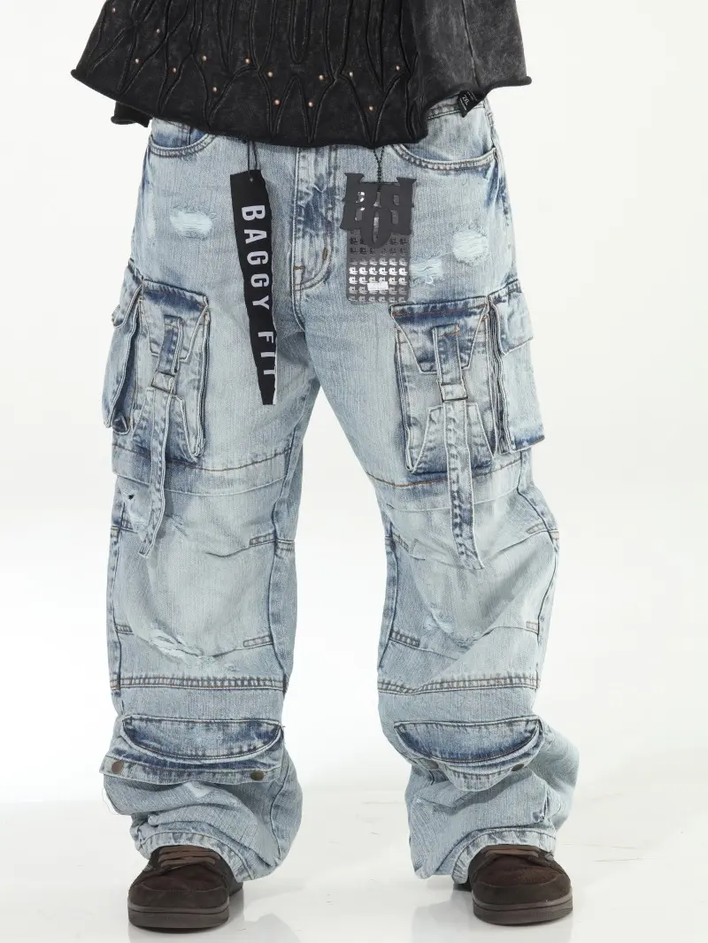 Light Blue Baggy Skater Buckled Jeans with Cargo Pockets Distressed Design for Men Casual Menswear Denim Streetwear Operator Trouser Pants