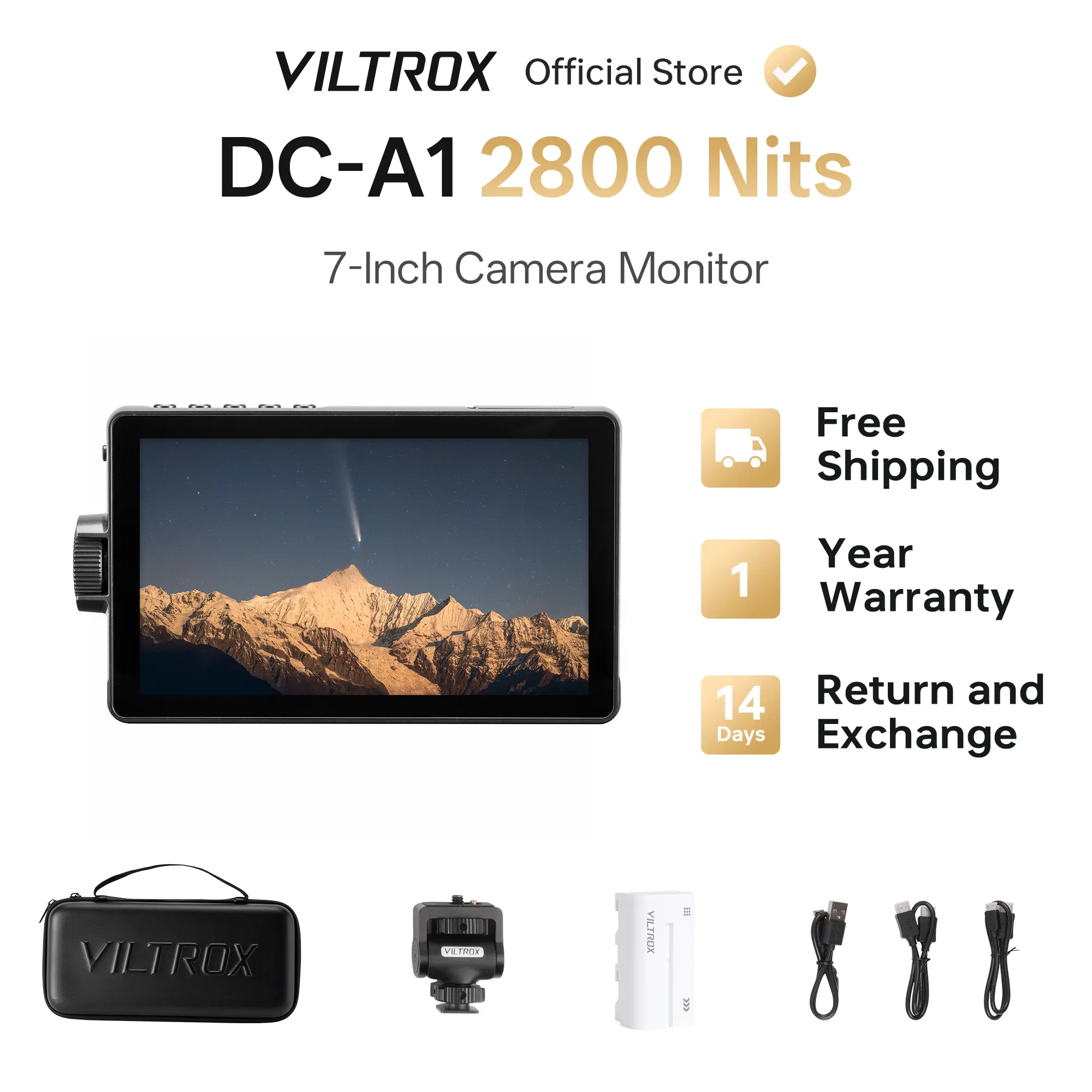 Viltrox DC-A1 7-Inch 2800 Nits Portable Camera Monitor, Camera Accessory with Sunhood, Battery, 1/4"-Screw Holes, 1000:1 Contrast, 170° Viewing Angle, 1920x1080 Resolution for Photography