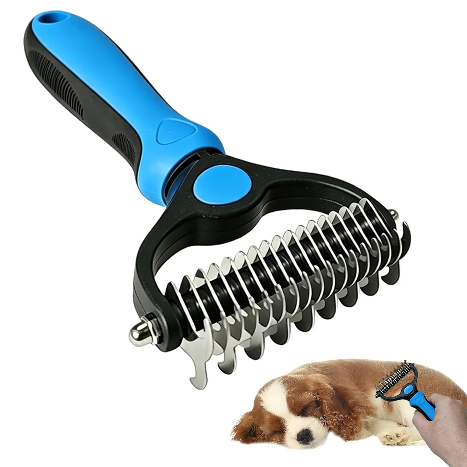 Undercoat rake for dogs and cats, dematting comb with extra-wide double-sided stainless steel teeth for detangling, deshedding, brushing, thinning, and removing shed fur, knots, mats, and tangles in pets