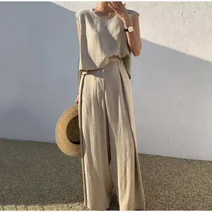 Cotton and linen fashion casual loose two-piece sleeveless top loose wide-leg pants for women