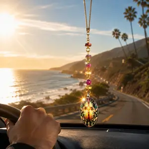 Vintage Religious Cross/Saint Car Ornament, Stainless Steel Icon Pendant with Gemstone Beads, Rearview Mirror Faith Guardian Decor