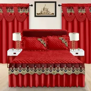 Luxurious Red Quilted Bedding Set with Gold Embellishments & Matching Curtains for Elegant Home Decor