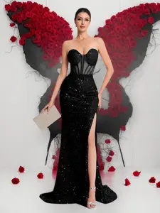Sparkling Backless Halter Dress, Sleeveless Long Split Evening Gown, Formal Party Wear, Elegant Women's Prom Dress, No Shoulder Straps, Elegance, Strapless, Lady, Classy Dresses