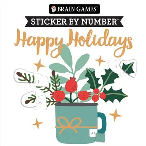 Brain Games - Sticker by Number Compact Edition: Happy Holidays | 7x7 Inches |Christmas Stocking Stuffer, Travel Size Activity Book for Adults & Kids 7+