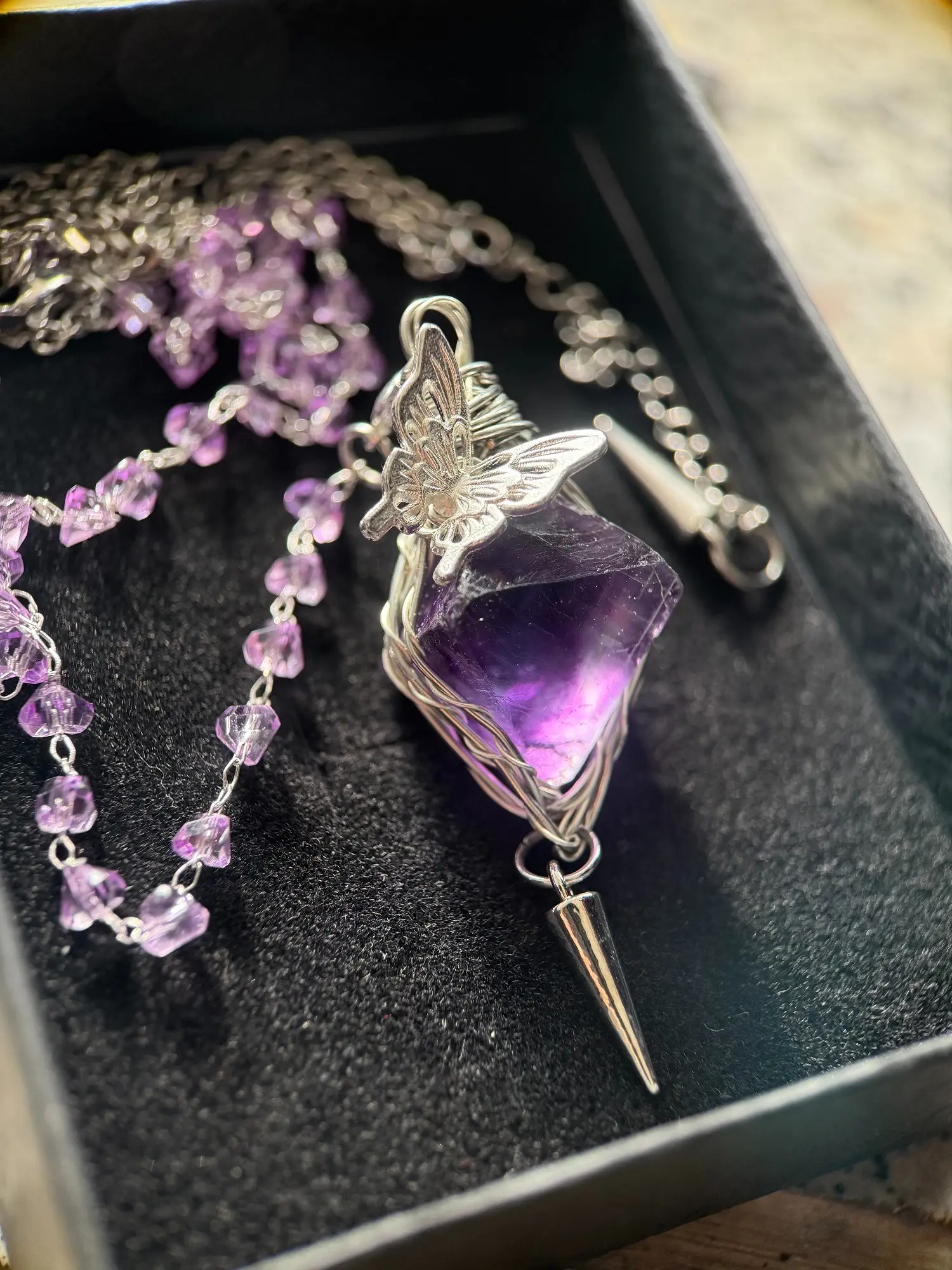 Handmade Octahedron Natural Amethyst Healing Crystal Pendant Design Butterfly Necklace, Detachable Chain, Bag Charm, Clothing Accessory, Home Decor, Gift Box
