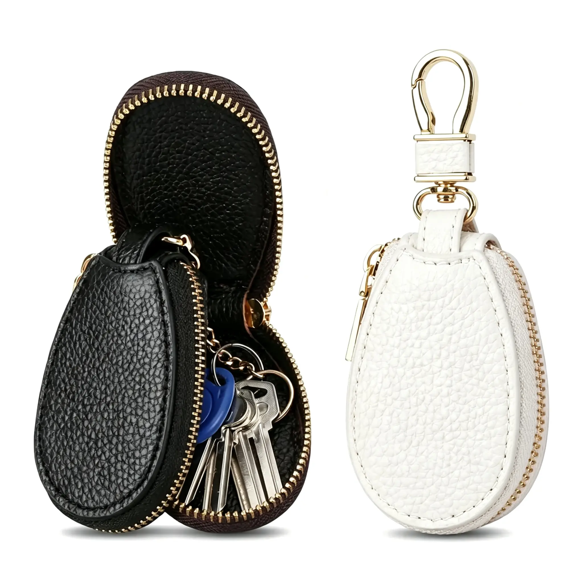 Mini Leather Car Key Case, Premium Litchi Grain Key Pouch with Anti-Lost Keychain & Metal Hook, Zipper Closure Portable Key Holder Wallet for Car Keys, Coins, Earbuds - Sleek Minimalist Design