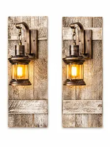 Farmhouse Wall Sconce Set Rustic Shutter Decor Lantern Lights Reclaimed Wood 11x30 Each Oil Rubbed Bronze Vintage Style Decor Wooden