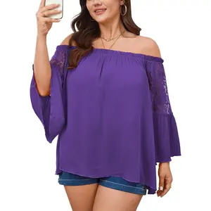 Women's Plus Size Off The Shoulder Top 3/4 Bell Lace Sleeve Summer Casual Boho Blouse Flowy Textured Peasant Shirt