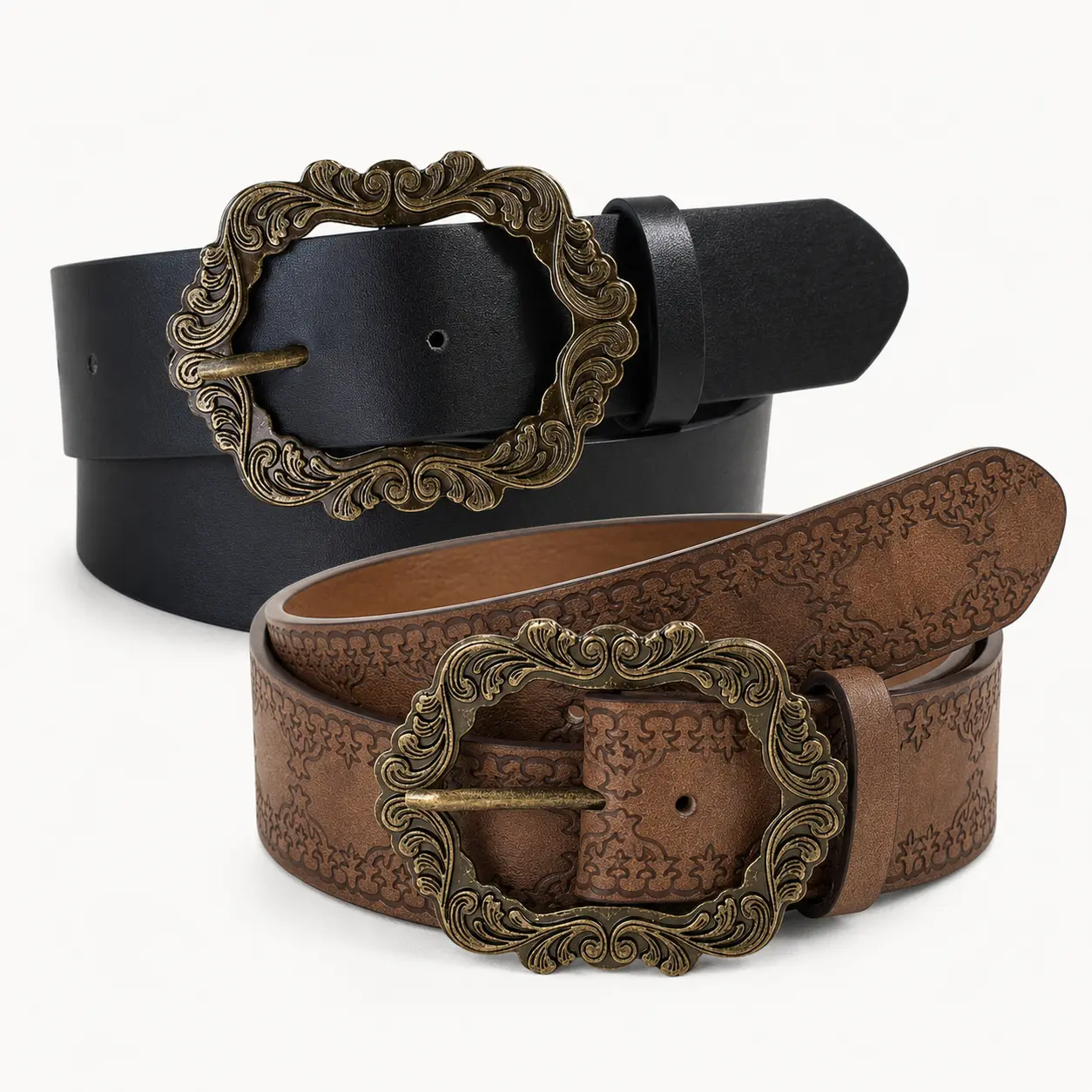 Women's Vintage Boho Western Belt - Brown/Black Embossed Faux Leather Waist Belt with Engraved Alloy Buckle, Adjustable for Jeans, Dresses, Festival Outfits