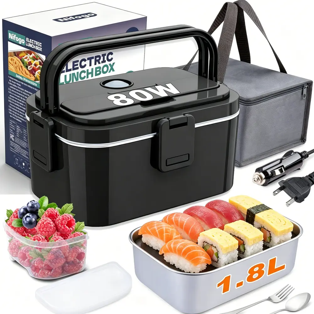 Portable Insulated Electric Heated Lunch Box Set - 80W Steel   Food Warmer with 1.8L Capacity,  for Truck Workplace Use