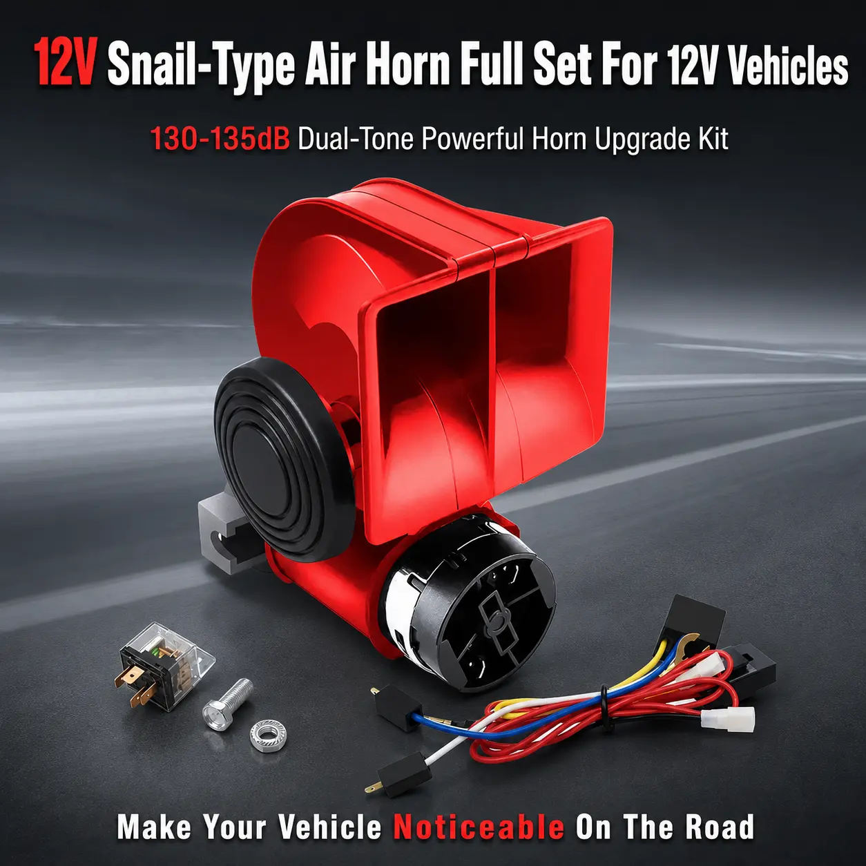 12V red snail horn kit, ultra-loud snail horn with relay harness, universal for automobiles, motorcycles and trucks, ultra-loud snail horn for automobiles and motorcycles.