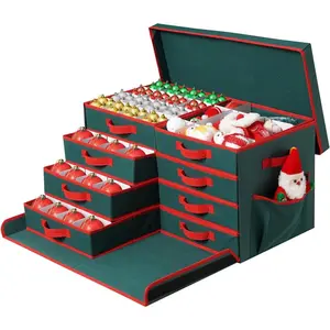 Christmas Ornament Storage Box, Stackable Organizer with Lid and Pockets, Side Open, 8 Trays, 128-3" Holiday Ornament Container with Removable Trays and Adjustable Dividers, Green
