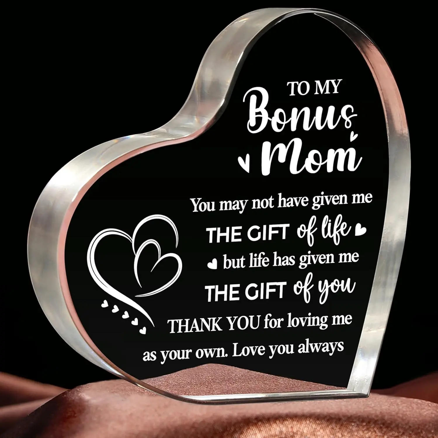 Acrylic Engraved Decorative Sign - Transparent, Smooth, Sturdy Home Decor Plaque (3.9x3.9x0.5 inch) with Engraved Text, Christmas Decor, Thoughtful Gift for Daughter, Second Mom, Stepmother