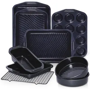 Non Stick Baking Pans Set with Wave Texture for Reduced Oil, 0.8mm Thick Non Toxic Sets, Includes Stackable Cookie Sheets for Oven Cooking, Cake Pan, Muffin Pan, Blue