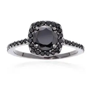 1 1/2ct Black Diamond Cushion Halo Engagement Ring 14K Black Gold