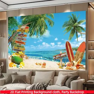 Summer Aloha tropical beach background fabric, surfboard and coconut themed polyester material, suitable for photo booths, Hawaiian parties, birthday decorations, and indoor and outdoor home wall decorationsv