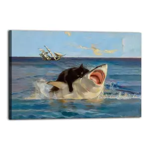 Cat & Shark Poster Canvas Oil Decor Wall Art Painting Modern Aesthetic Print Decoration Waterproof Gift Idea for Home Preferred Gift Giving Option