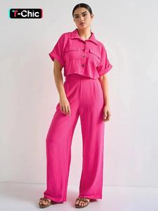 women's casual collared flap pocket short sleeve top & high waist trousers co-ord clothes