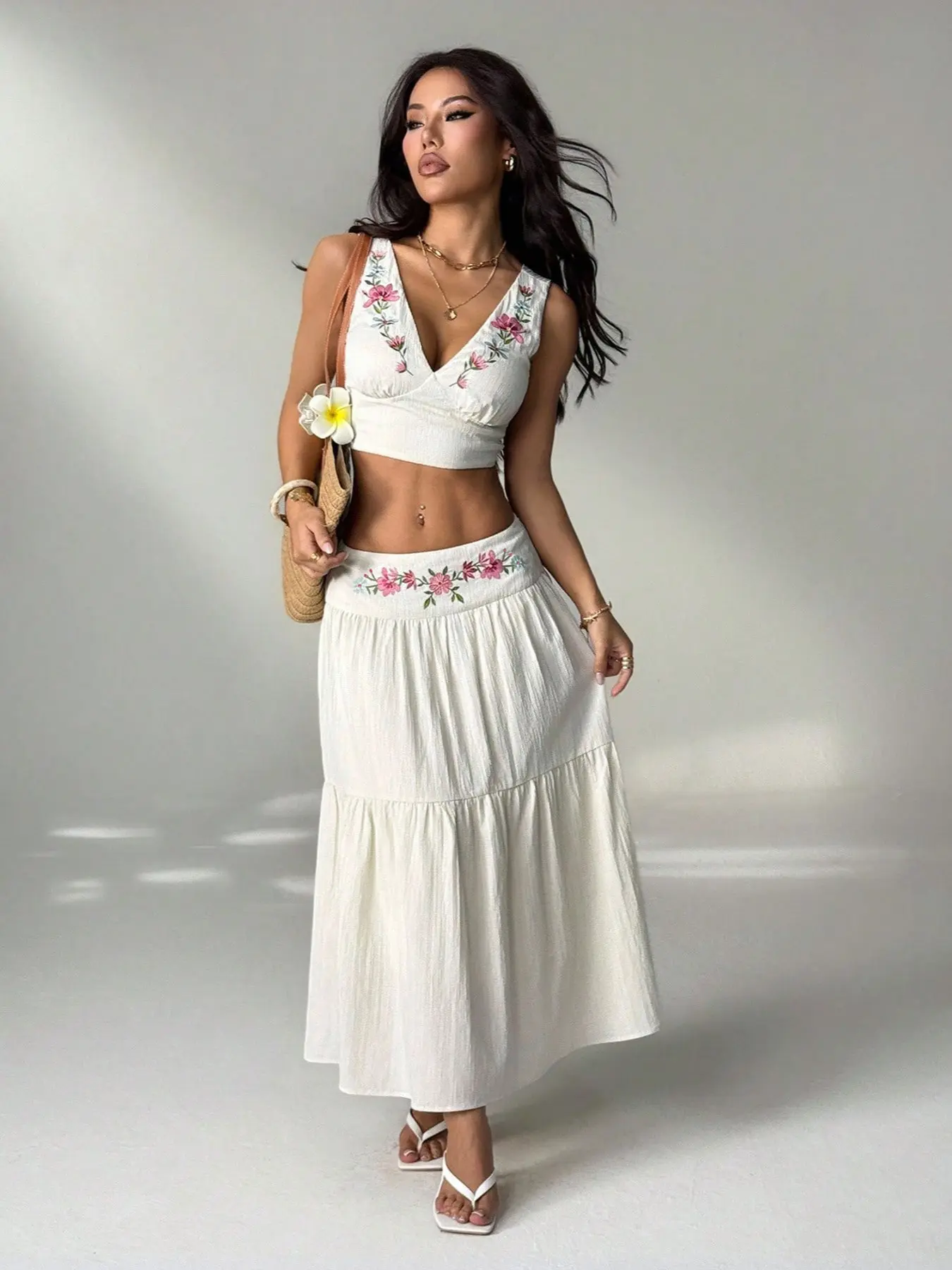 Women's Embroidered V-Neck Sleeveless Top, High Waist A-Line Skirt Two-Piece Set, Summer Boho Bohemian Fashion, Casual Vacation Wear, Clothes, Chic, Beach Outfit Set