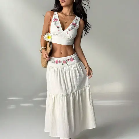 Women's Embroidered V-Neck Sleeveless Top, High Waist A-Line Skirt Two-Piece Set, Summer Boho Bohemian Fashion, Casual Vacation Wear, Clothes, Chic, Beach Outfit Set, Summer Sets Casual
