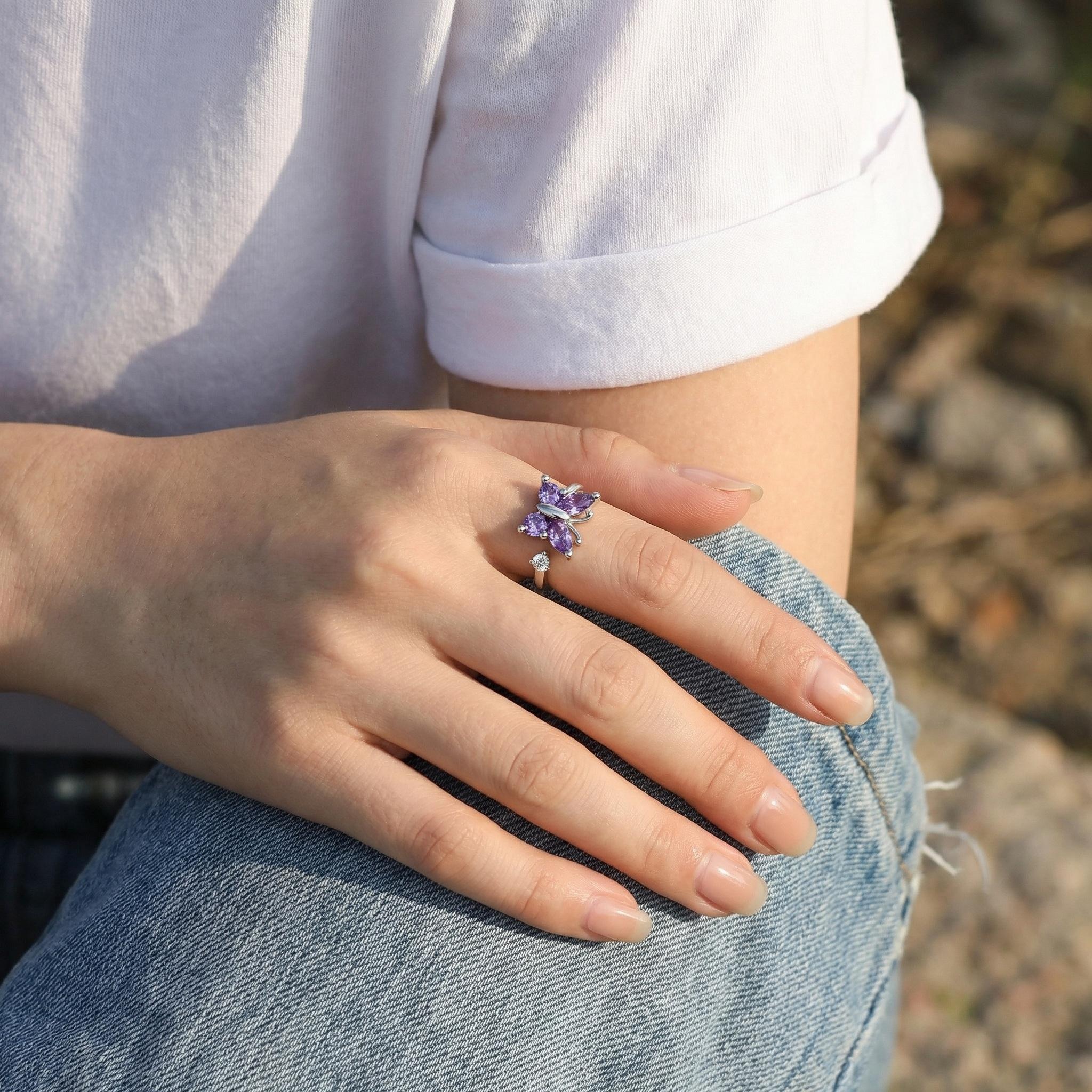 Adjustable Rotating Butterfly Ring with Sparkling Zircon Open Design Romantic Fidget Jewelry Gift for Women Self Love & Emotional Connection