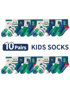 10 Pairs Cartoon Dinosaur Floor Socks for Kids, Soft Non-Slip Indoor Socks, Letter Stripe Design, Unisex Baby Socks for Daily Use