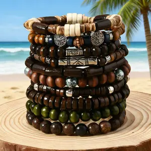 10pcs Boho Stacking Bracelets Set| Natural Coconut Wood Beads Stretch| Unisex Bohemian Layering Jewelry| Perfect Couple  Beach Vacation Surprise nature gift holiday haul christmas birthday anniversary
