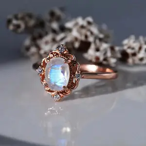 Jewelry - Luxury Oval Shaped Moonstone 925 Sterling Silver Ring for Woman Adjustable Vintage Rings Blue Gem Stone Bridal Jewelry Gifts