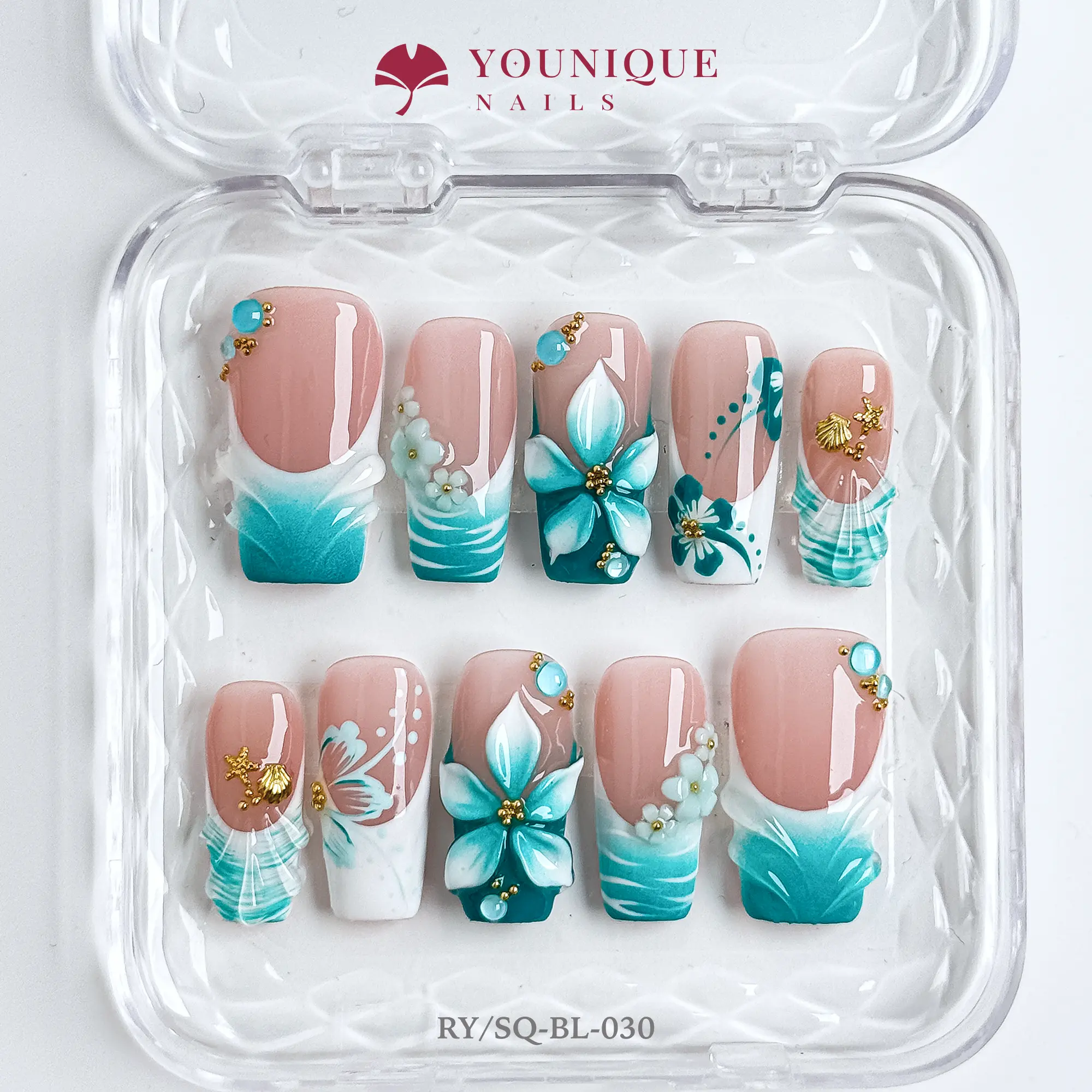 Younique Nails | RY Studio | Azure Bloom | 10PCS 100% Handmade Press-On Nails | Reusable Colorful Art