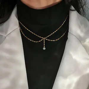 Elegant Temperament, Charming Neckline, Chain Design, Inlaid Sparkling Synthetic Zircon Stainless Steel Women's Necklace Suitable for Weddings, Banquets, Dances, Holiday Parties, Holiday and Birthday Gift Accessories