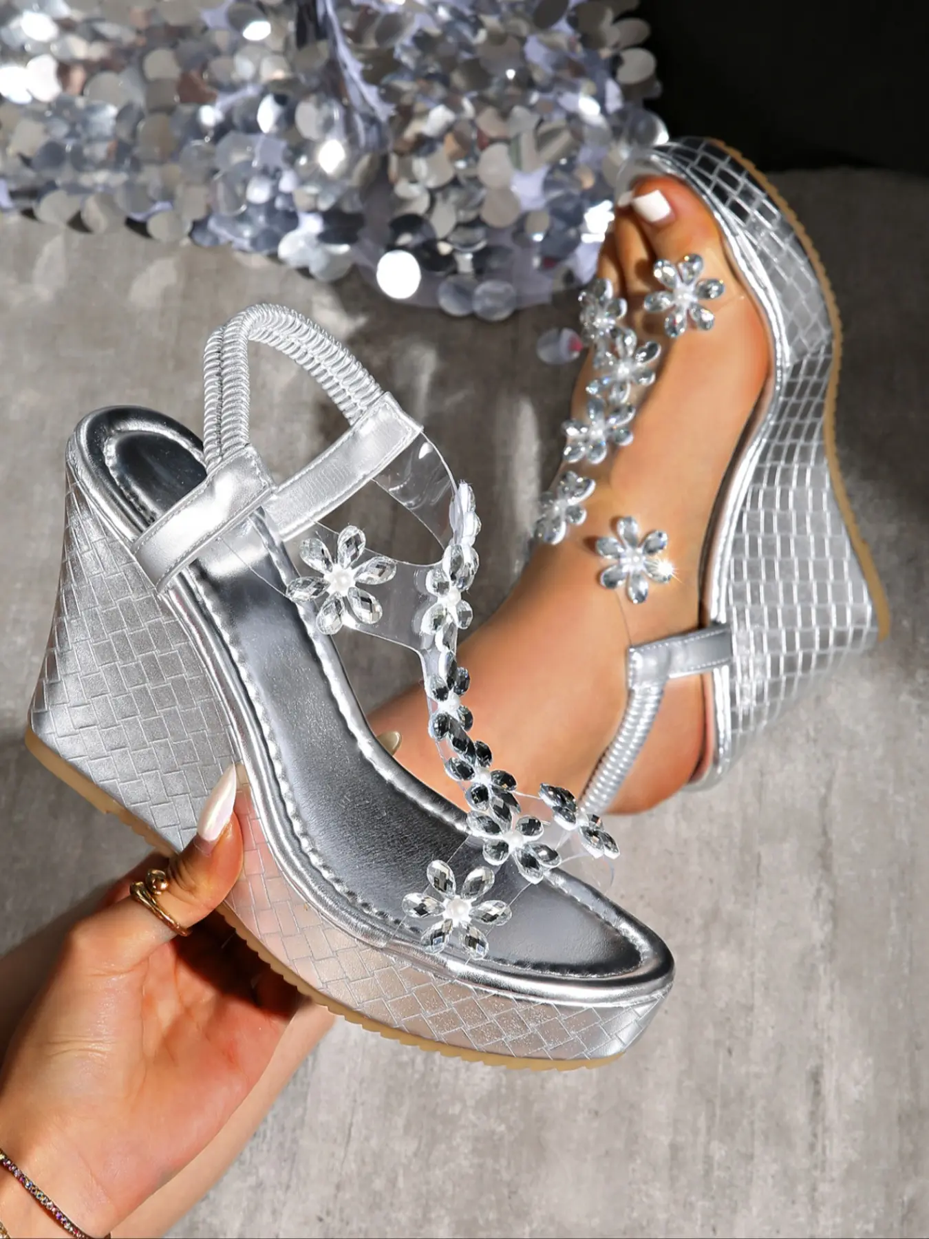 Women's Silver Color Woven Wedge Heeled Sandals with Rhinestone Flowers, Luxurious Sparkle Classy Elegant Stylish Fashion Summer Outdoor Shoes, Easy Match Party Wear, Sparkly Party Shoes