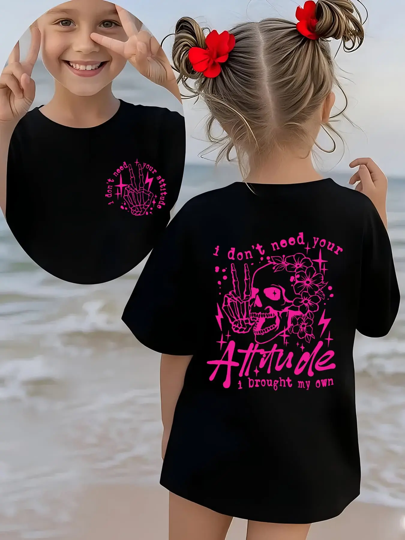 I Don't Need Your Attitude I Brought My Own Kids T-Shirt Double Sided Pink Skull Peace Hand Floral Lightning Star Graphic Short Sleeve Cotton Black Toddler Girls Edgy Sassy Casual Tee