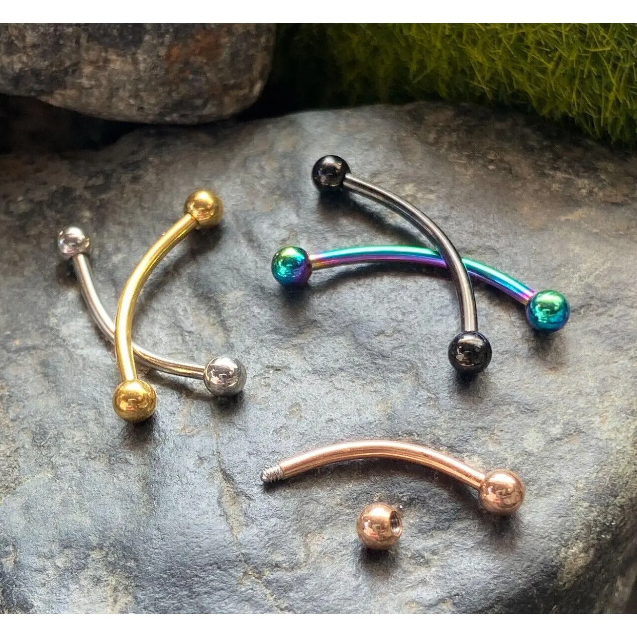 1pc Snake Eye Piercing Curved Barbell Tongue or Eyebrow Ring PVD Plated Balls