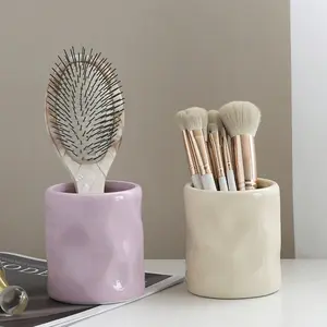 Handmade Ceramic Makeup Brush Holder, Style Carved Irregular High-End Office Decor Pen Holder, Mini Desktop Vase Ornament, Cosmetic Storage Box