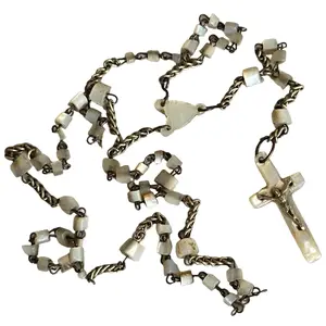 Antique Carved Mother of Pearl Catholic Rosary Shell Crucifix and Prayer Beads Chain