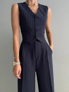 Women's Striped Print Button Front Vest & Straight Leg Pants Set, Casual Fashion Cozy Fitted Two-piece Set for Daily Wear, Ladies Clothes for All Seasons, Striped Sets