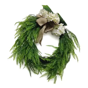 Cascading Fern and Hydrangea Wreath | Rustic Burlap Bow Front Door Decor | Farmhouse Aesthetic
