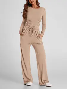 Comfortable Ruched Loungewear Set for Women - Long Sleeve Top and Pocket Joggers | All-Season Casual & Sleepwear