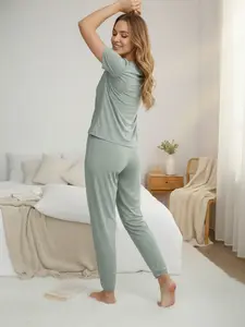 Sage Green Ultra-Soft Modal Pajamas Set - Women's Summer Short Sleeve Jogger 2PCS Sleepwear, Premium Lounge Wear