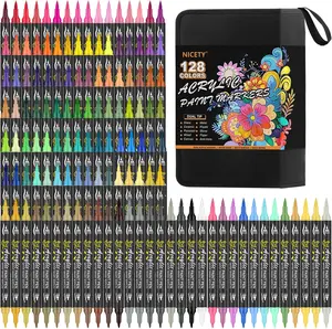 NICETY 128/60 Shades Acrylic Paint Markers, Dual Tip Brush Paint Pens for Rock Painting, Wood, Glass, Stone, Canvas, Ceramic, Fabric - Fine & Brush Tip Water Based Acrylic Markers Pens