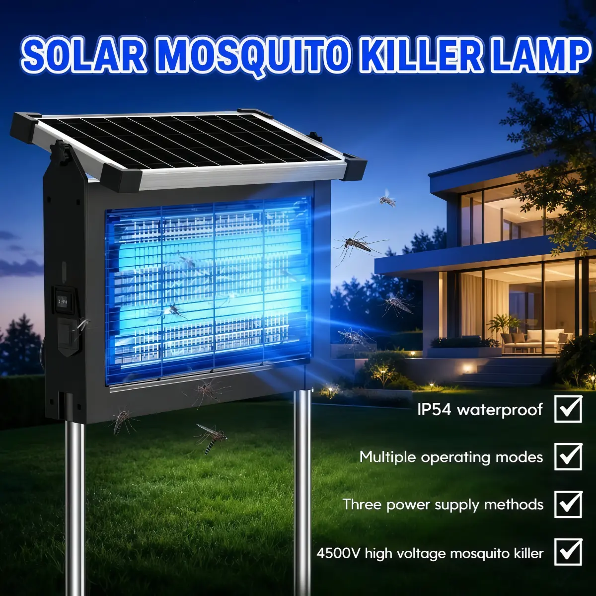 【Summer Gift】2026 New Arrival Solar Powered Electric Large Size Mosquito Zapper 4500V High Voltage Insect Trap IP67 Waterproof Rechargeable UV Pest Light For Outdoor Backyard Patio Garden, Solar Mosquito Killer, Solar Insect Trap, Must Have For Summer