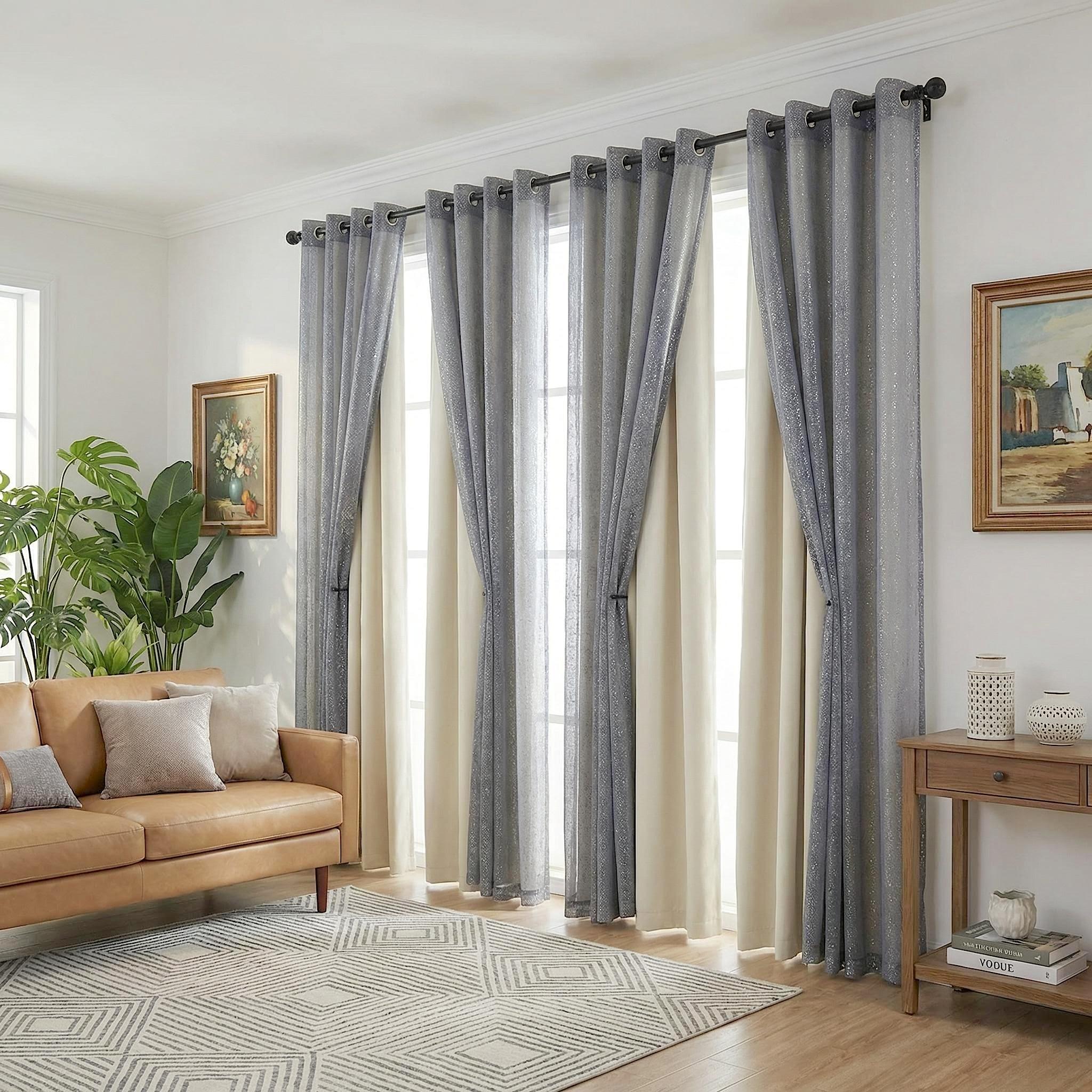 Curtain Club 8 Panels 52x84inch Curtain Fabric + Chiffon Set: 4 panels are plain blackout fabric, 4 panels are chiffon. With silver heat transfer finish, allowing light to pass through. The set can provide both blackout and decorative effects. FT2599+L28