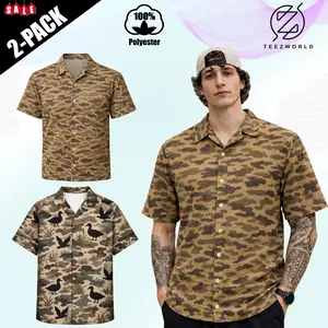 Pack -3 Men Duck Hunting Camo Hawaiian Shirt Button Up Cuba Collar Camo Print Casual Regular Fit Short Sleeve Summer Beach Holiday Outdoor Fishing Camping Aloha Style Streetwear Gift Group Outfit