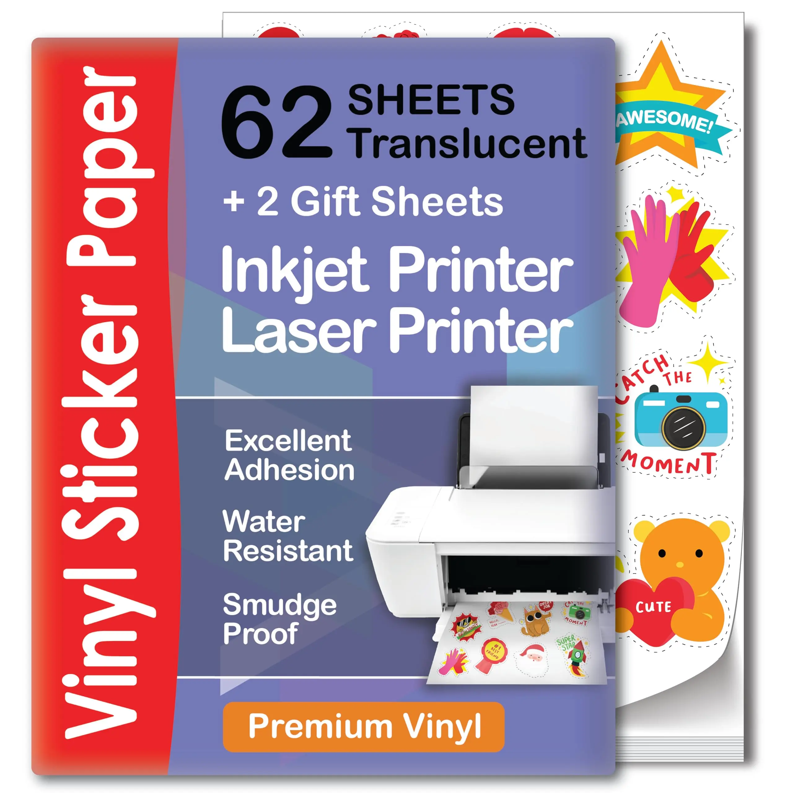 Translucent Semi-clear Sticker Paper For Inkjet Printer & 62 Sheets - Self-adhesive Water-proof  Dries Quickly Vivid Colors 8  1/2 X 11 Inches Holds Ink Well Resistant
